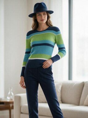 Adrienne Vittadini Multi Color Striped Long Sleeve Silk Blend Designer Sweater M